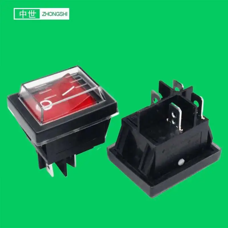 

RS606F Waterproof Red Button 4 Pin Terminals ON OFF Rocker Switch With Plastic Cover Cap IP65 In DPDT Outdoor