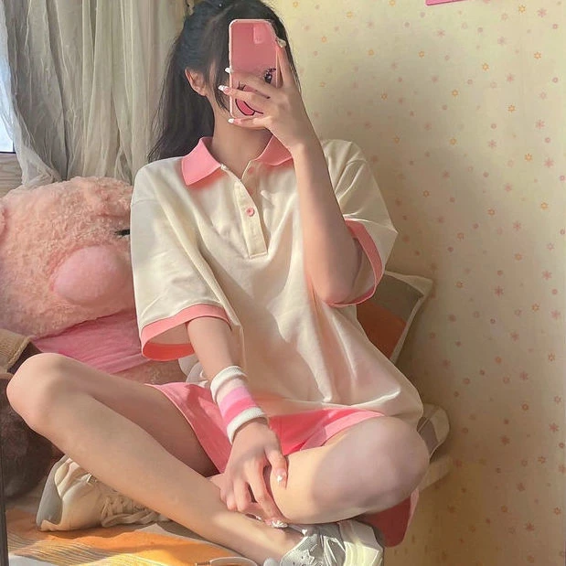 Academic style Casual sports suit for women summer Korean style fashionable loose short-sleeved pink shorts two-piece set female