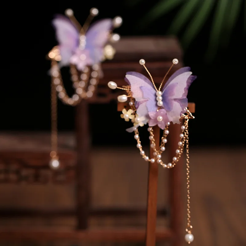 2 stücke Lila Schmetterling Haar Clips Chinesische Perle Quaste Haarspangen Vintage Blume Fringe Schritt Schütteln Retro Han Kostüm Party Haarnadel – Detail 2