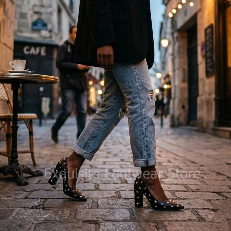 

Star Studded Pointed Toe Chunky Heels Women Black Leather Rivet High Heel Pumps Sexy Evening Party Dress Shoes New Trend Plus