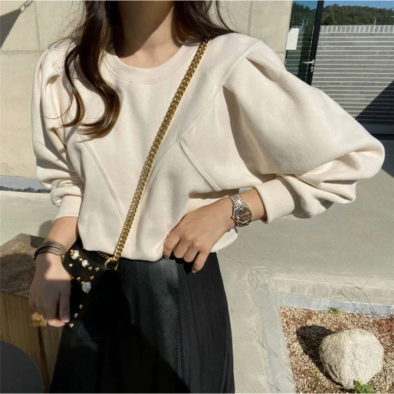 Korean Fashion Loose Sweatshirt Women Autumn Winter Casual Long Sleeve Hoodies Woman Pullover Solid Color All-Match O-Neck Tops