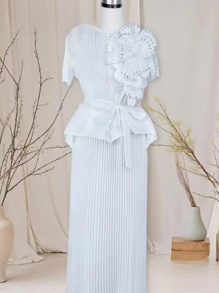 Miyake Pleated African Flower Top Set Embellished with Loose Temperament Elegant Solid Color Women's Two-piece Set