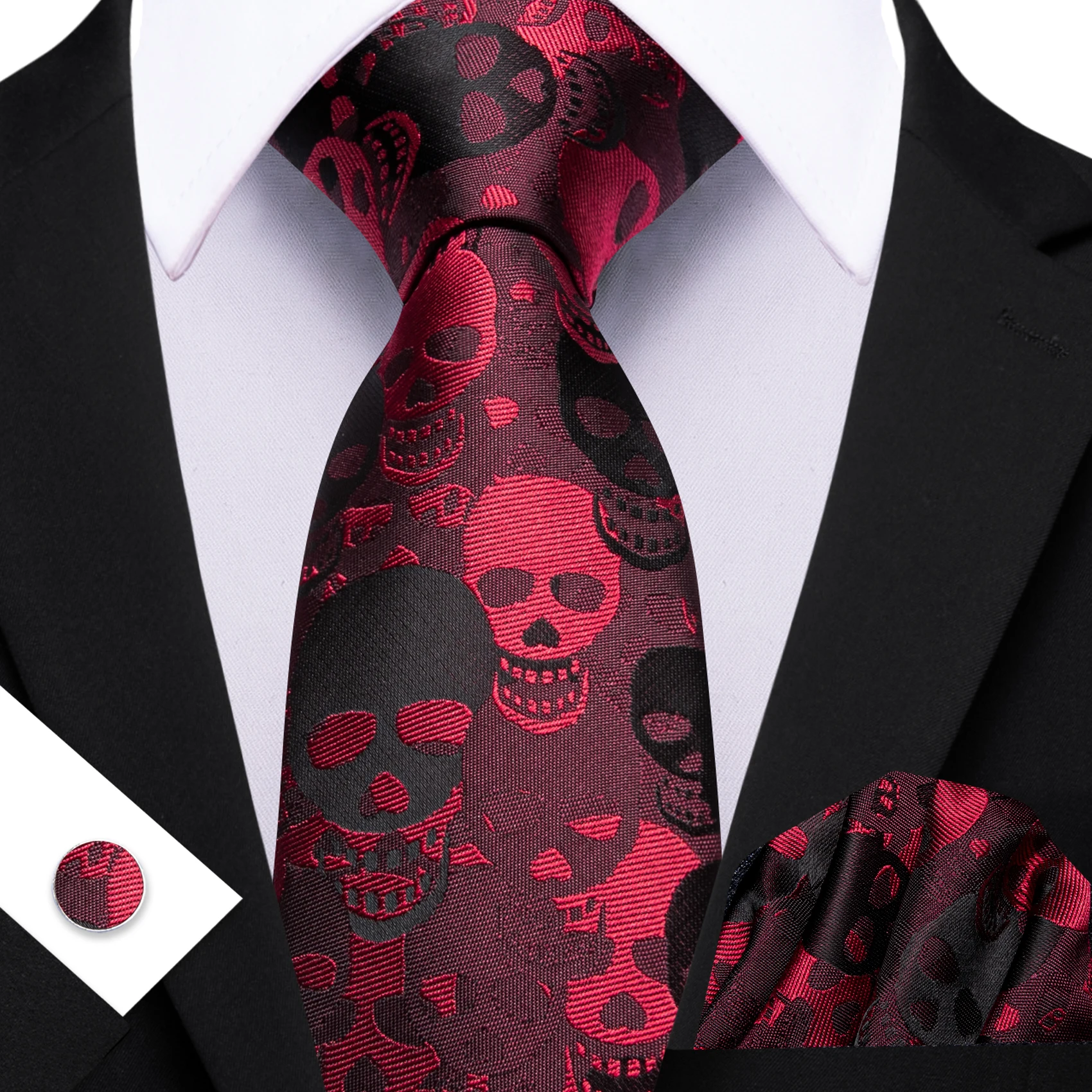 Mens Tie Hanky Cufflinks Set Golden Pink Blue Geometric Skull Pattern Necktie Hanky Cufflinks Set
