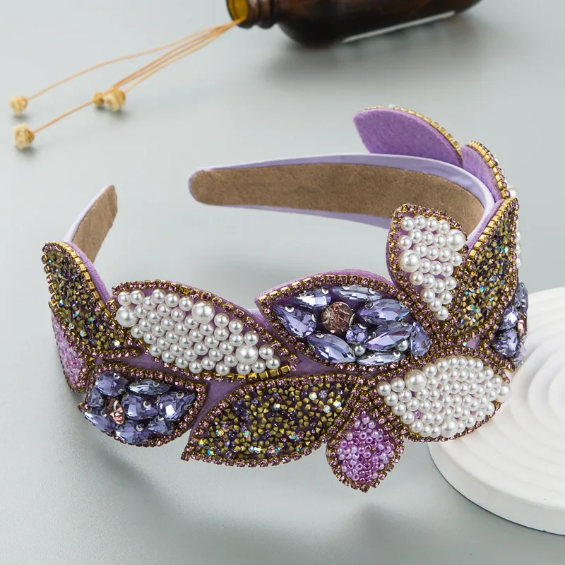 Purple Rhinestones Headband for Women Party Headpiece Super Shiny Hairband Crystals Ladies Headdress Wide Crystals Head Hoop