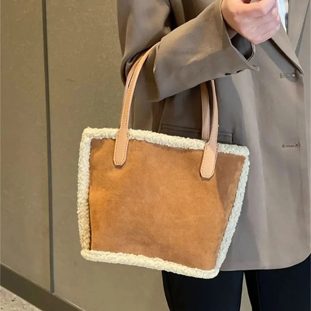 Women's Imitation Deerskin Shoulder Bag Lambswool Handbag with Individual Zippered Inside Pockets Suede Frosted Bucket Tote Bags