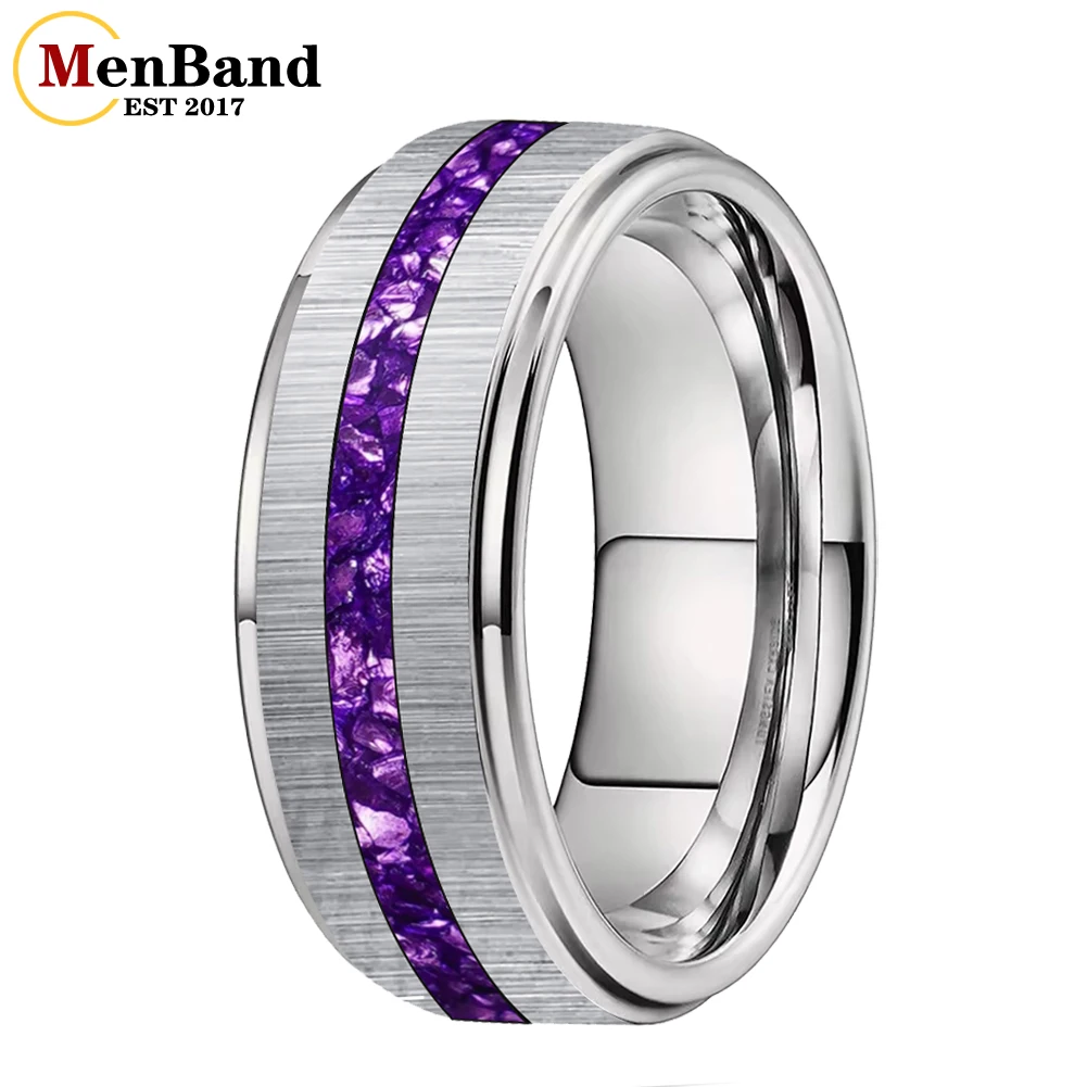 

MenBand Silver 6/8MM Tungsten Finger Ring Men Women Fashion Engagement Wedding Band Purple Crystal Stone Inlay Brushed Finish