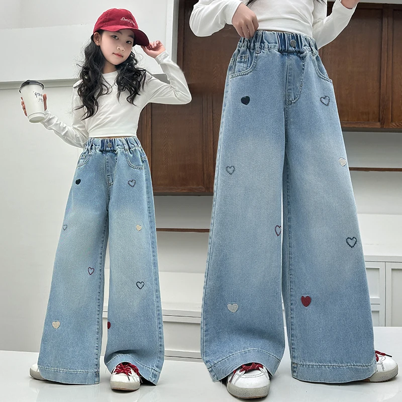 

New Fashion School Girls Spring Jeans with Hearts Embroidery Kids Children Stylish Denim Pants Age 5 6 7 8 9 10 11 12 13 14 Year