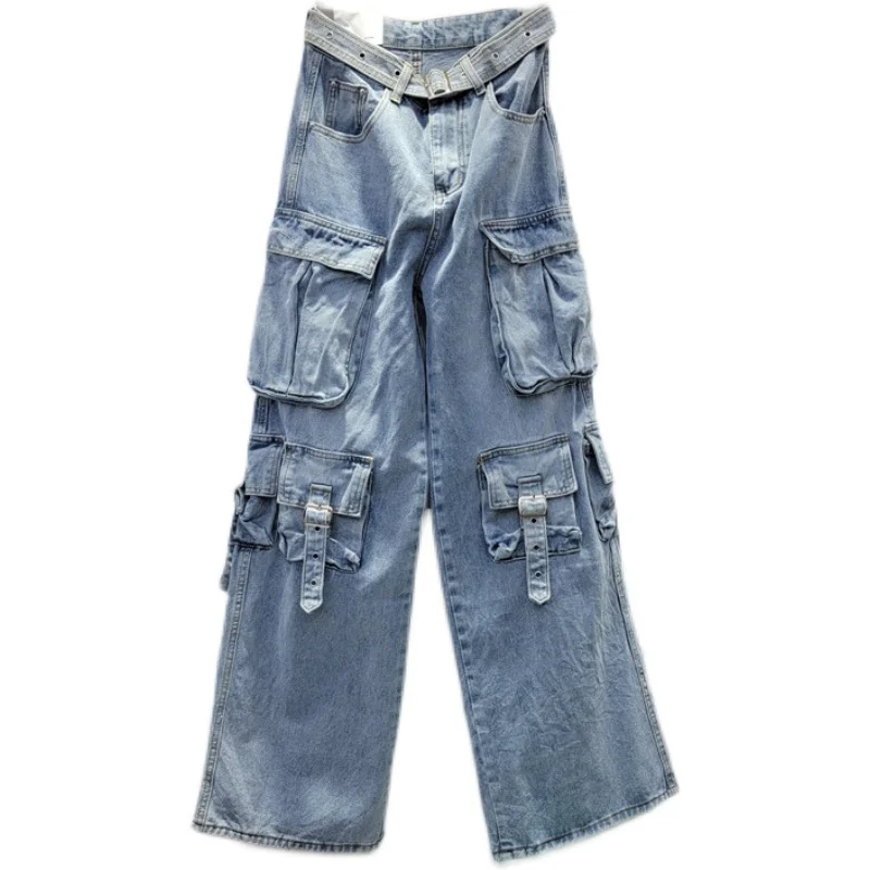 Calças jeans largas de cintura alta feminina, azul, lavado, bolso grande, reto, solto, grandes dimensões, calças cargo de perna larga, calças jeans, outono, 2023