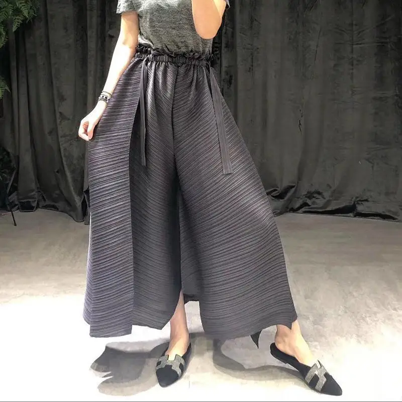 

Chic Pleated Straight Pants Women Spring Summer Elastic High Waist Pleated Wide-legged Pants Oversized Trouser Black Clothes