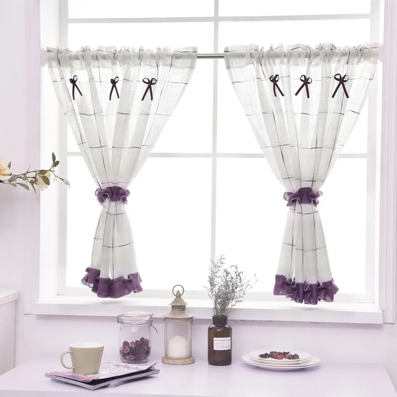 Custom Pastoral Short Curtains White Yarn Tulle Green Hemline Cotton Linen Kitchen Half Window Drapes Dustproof Country Style