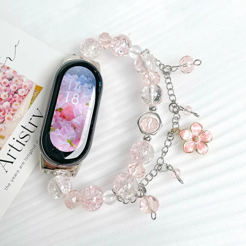 Pink Sakura Bead Bracelet for Xiaomi Mi Band 7 8 9 Women Elastic Strap for Miband 6 5 4 Replacement Watchband Smart Accessories