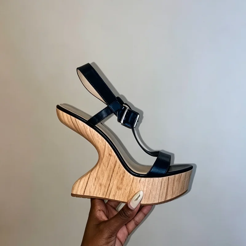 Wood Grain Hoof Heels T Straps Sandals Sexy Pointed Toe T Straps Size 35-48 Customized New Arrivals Fashion Women Modern Shoes view 4