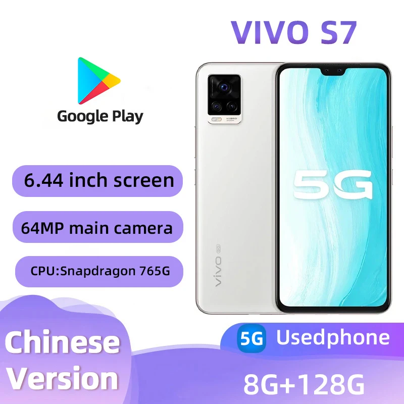 Vivo S7 5G Smart Phone Android CPU Snapdragon 765G 6.44inches Screen ROM 128GB 64.0MP 4000mAh 33W Super Charge used phone