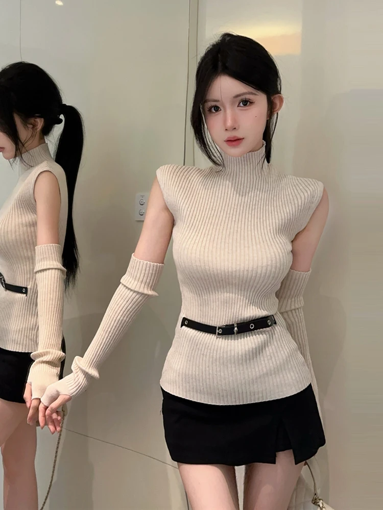 Retro High Collar Knitted Top Sleeveless Slim Fit Versatile Simple Design Trendy Girl Style Removeable Sleeve Breathable Thic...