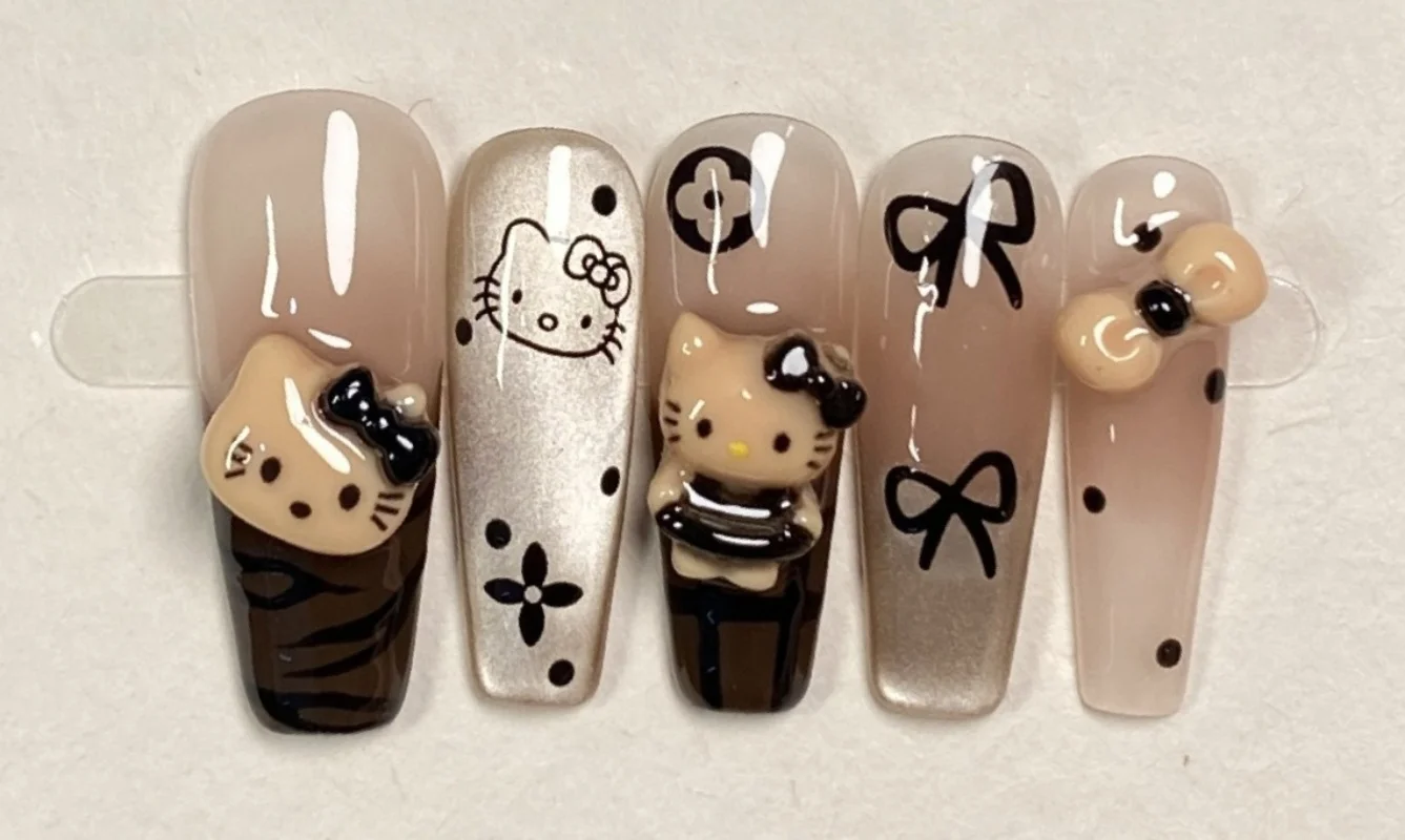 10 قطع. النمط الفرنسي المصنوع يدويًا النقي Y2K. يمكن ارتداء الأظافر المزيفة الساحرة اليومية من سلسلة Maillard Kitty Cat لإعادة استخدام هدايا الحفلات #3