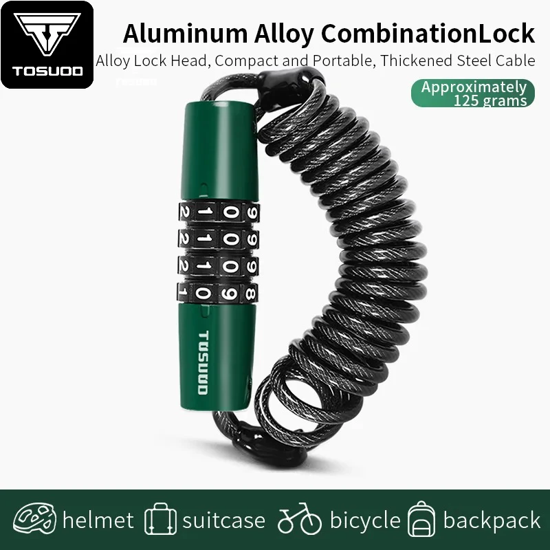 TOSUOD Motorcycle Bike Portable Anti-Theft 4-Digit Password Helmet Lock Zinc Alloy Lock PVC Leather Cover Steel Wire Rope Lock