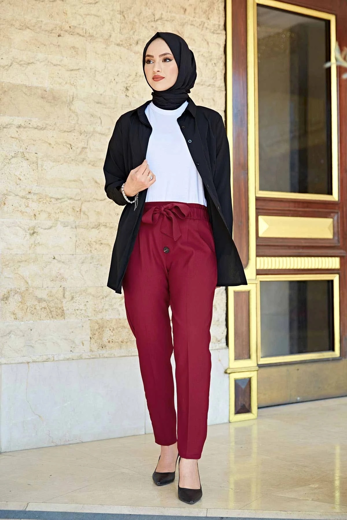 

Button Detail Double Pants E-Burgundy