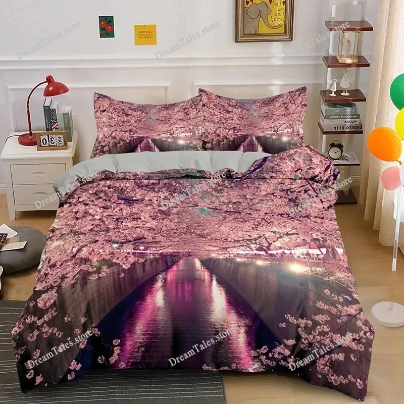 Plum Blossom Duvet Cover Set King Pink Flower Quilt Cover for Girls Microfiber Branches Printed Japanese Ink Style Bedding Set74