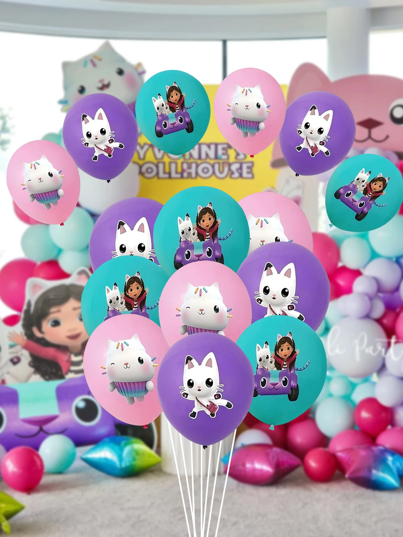 Ensemble de 9 ballons en latex sur le thème de la maison de poupées de Gabby, kit de décoration pour fêtes, accessoires d’Halloween, décorations de Noël, coffret de cadeaux pour célébrations.