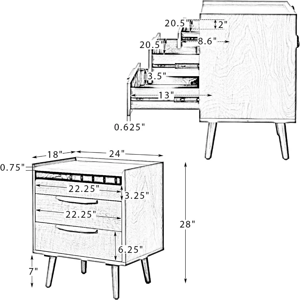 2 Drawer Nightstand with Charging Station, Mid-Century Modern Bedside Tables with Wood Legs, Wood Night Stand with Pull-Out