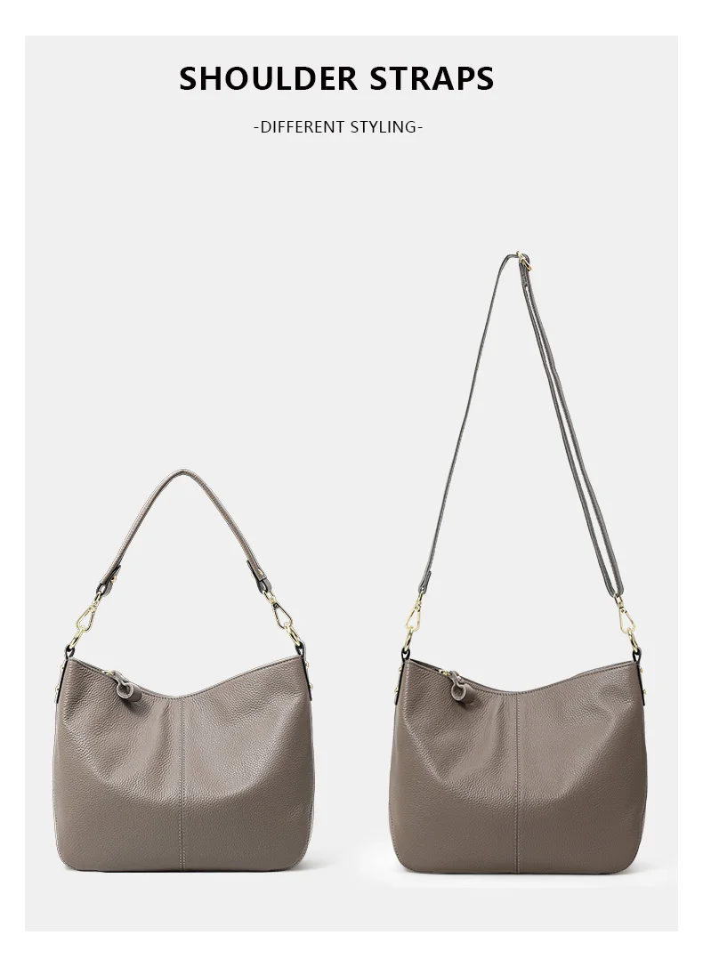 Echte Leder-Schultertasche für Damen, Aufbewahrungshandtasche, Schlichte und Leichte Graue Einkaufstasche – Detail 5