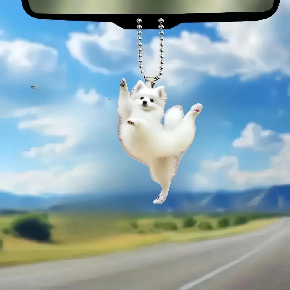 Dancing Pomeranian Acr Pendant Versatile Charm Joyful White Puppy Keychain For Car Mirror,Backpack,Home,Festive Party,Gift&Decor