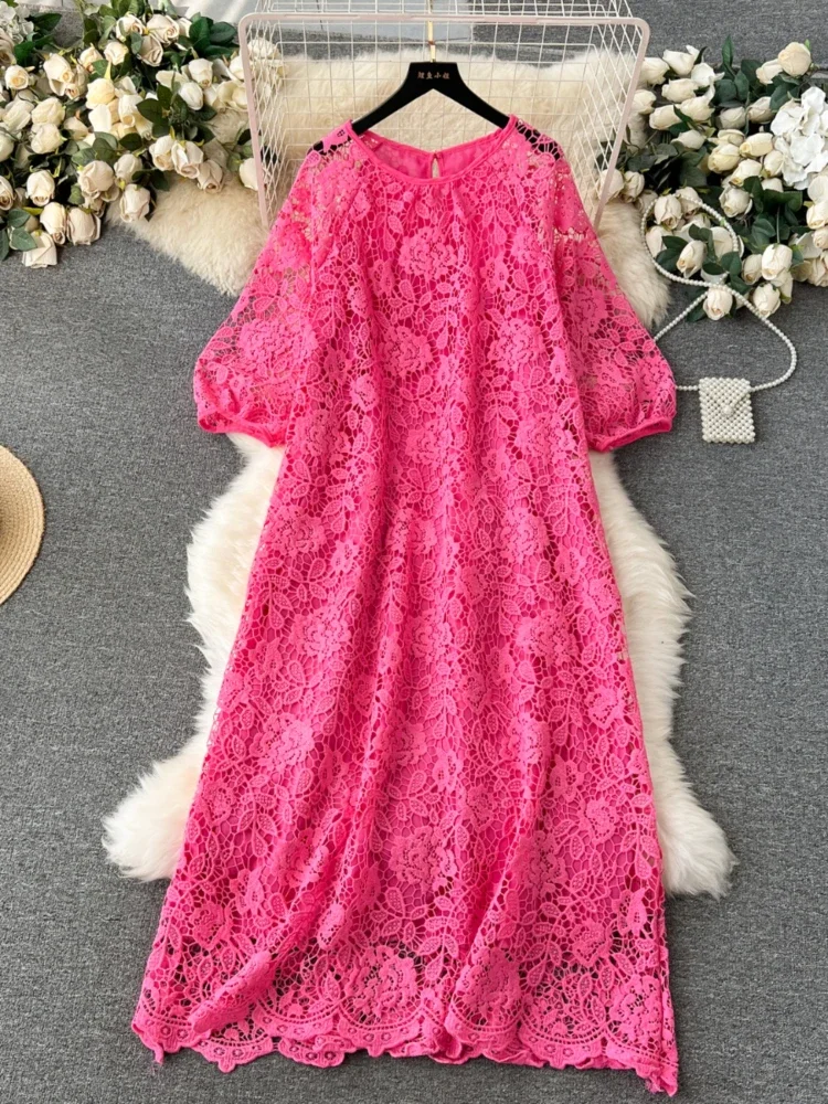 Vintage Wedding Lace Dress for Women French Industry Hollow Hook Flower Loose Slim A Line Long Dress