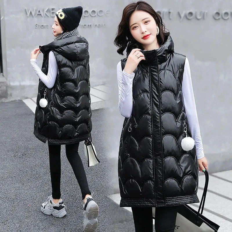 2024 Oversized Cotton Vests Sleeveless Coat Women Autumn Winter Hooded Waistcoat Puffer Parkas Long Warm Down Cotton Outwear