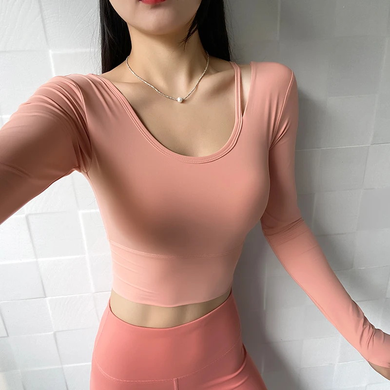 

Женская тренировочная футболка со встроенным бюстгальтером и длинными рукавами, топ для йоги с круглым вырезом, сексуальная быстросохнущая укороченная спортивная рубашка Racerback