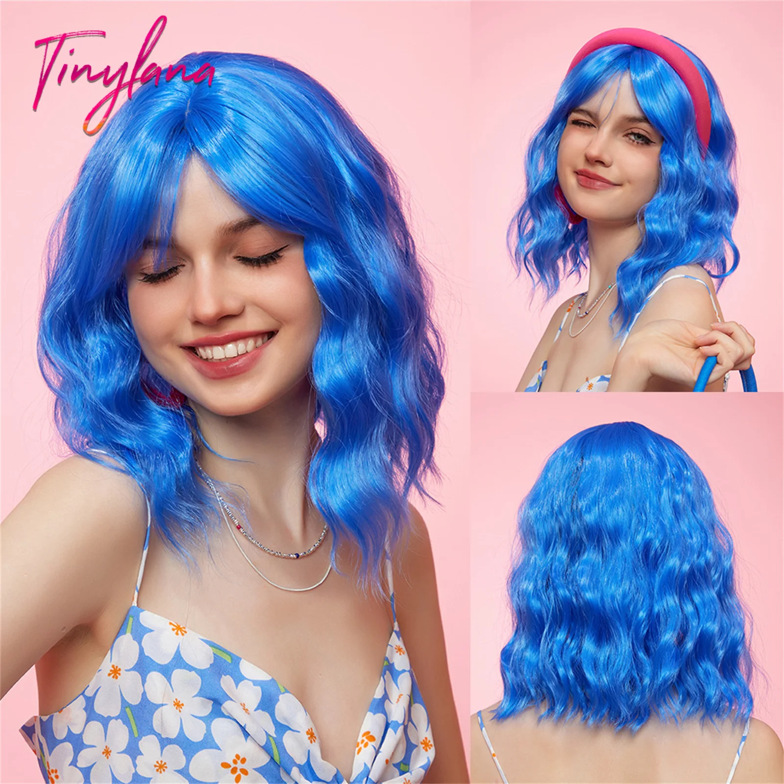 Krótki Bob Niebieskie Faliste Peruki Syntetyczne Kolorowe Lolita Cosplay Niebieska Peruka z Grzywką dla Kobiet Włosy Naturalne Halloween Odporne na ciepło