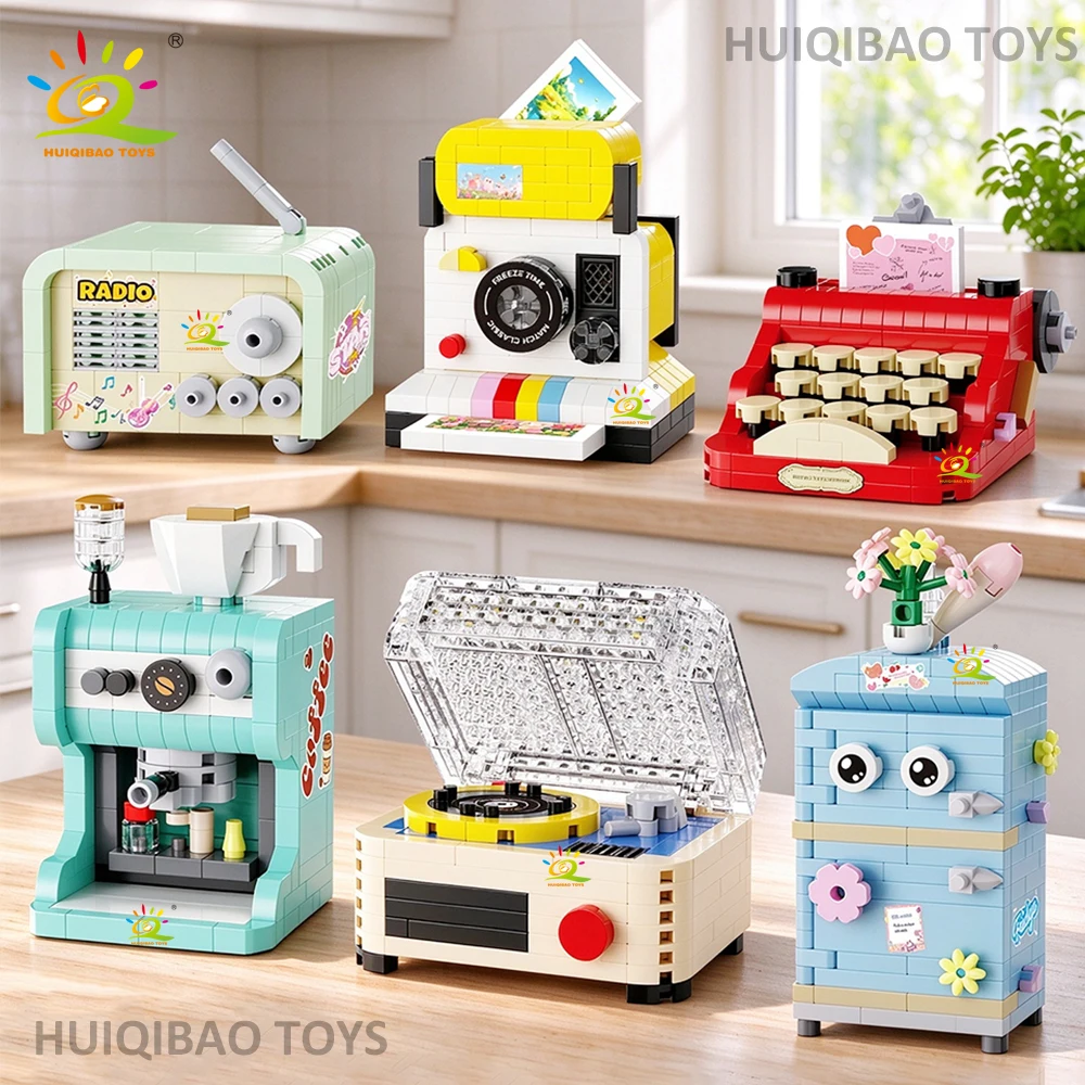 HUIQIBAO Creative Retro Home Appliance Building Block Kit Vintage Radio Camera Typewriter Coffee DIY Assembly Brick Toys Adult