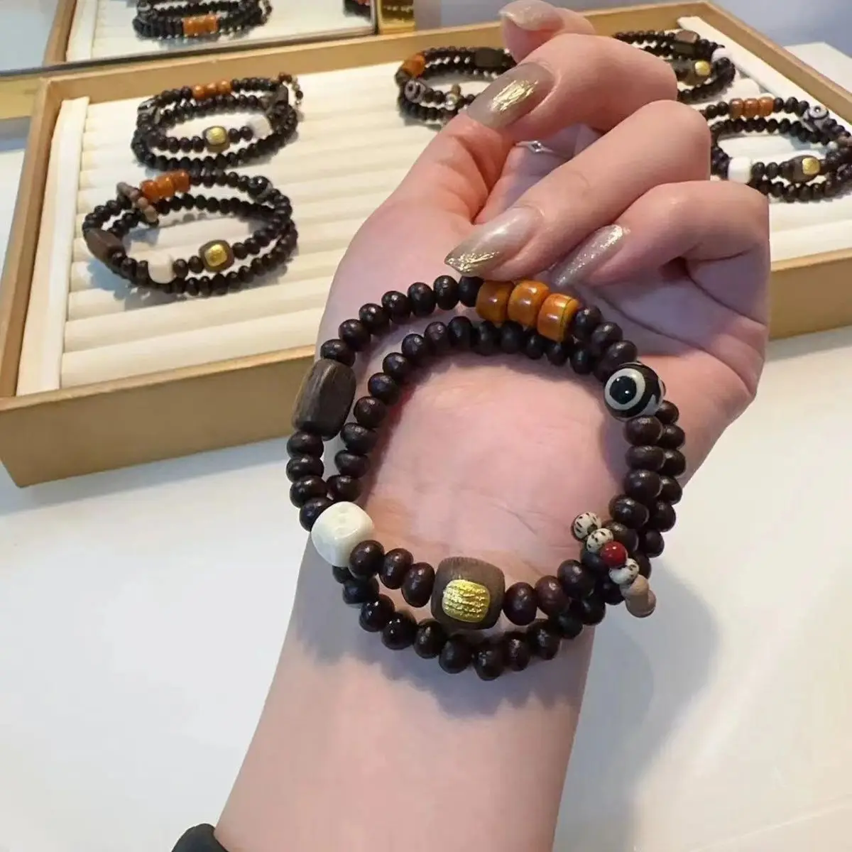 

Браслет из фиолетового золота с двойным кругом и беговое кольцом Duobao, пять бусин Jingqinan из агара дзи, мужские и женские ювелирные изделия, подарки