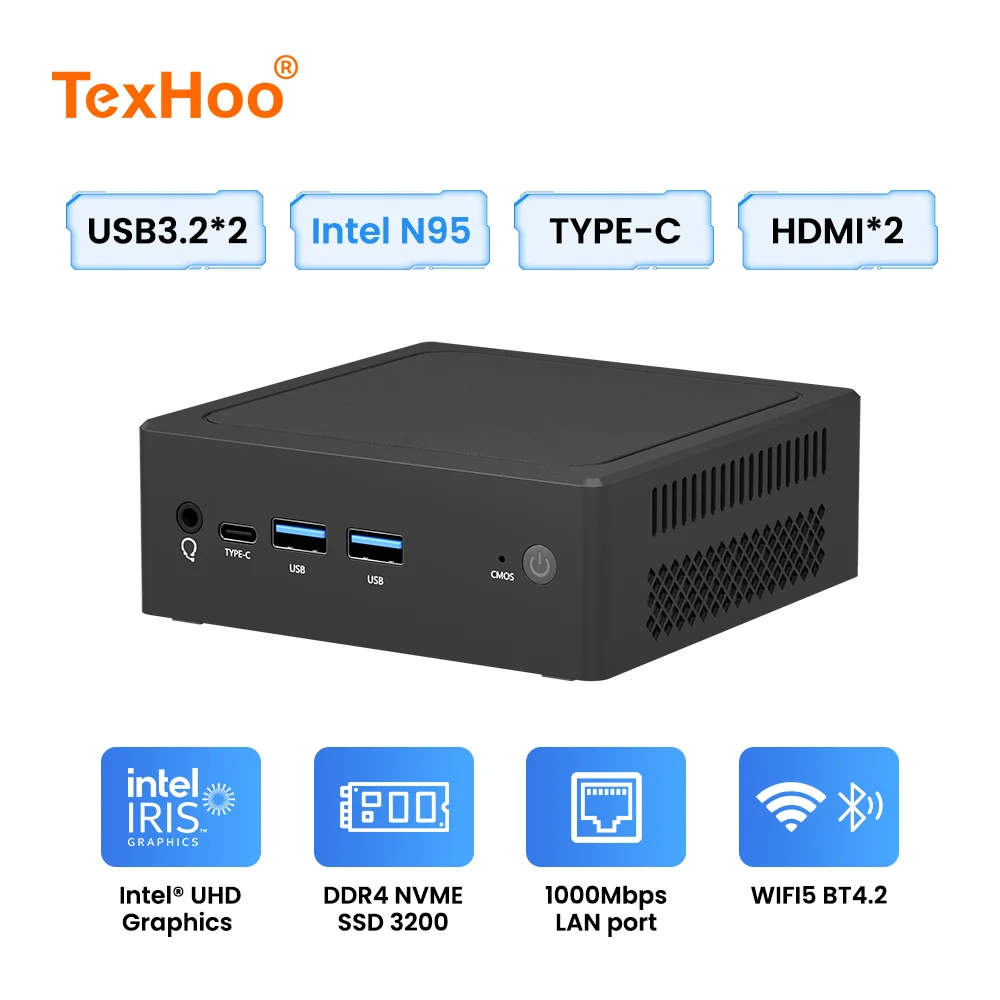 TexHoo Mini PC Pro Gamer Настольный ПК Intel Alder Lake-N95 DDR4 8 ГБ 256 ГБ 16 ГБ 500 ГБ SSD 2,4G и 5G Dual Wi-Fi BT5.2 1000M LAN NVME