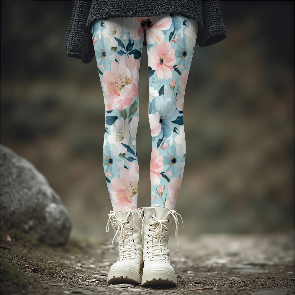 Women's Autumn Winter Floral Print Yoga Leggings High Waist Tummy Control Soft Thermal Pants Fashion Brushed Tights for Casual