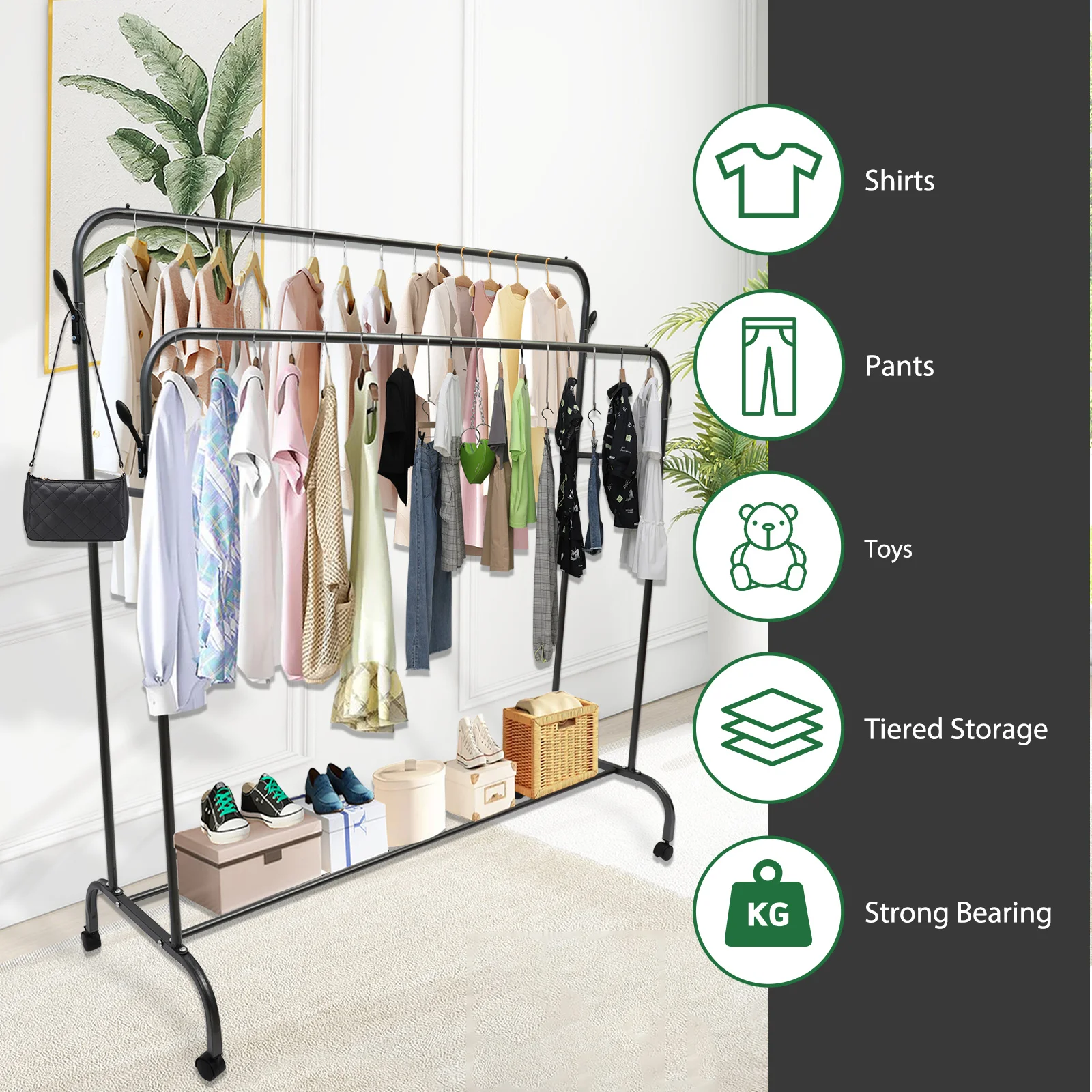 Double-Bar Clothes Rolling Floor Rack Arched Heavy Metal Closet Organizer with Side Hooks Hanging and Swivel Wheels