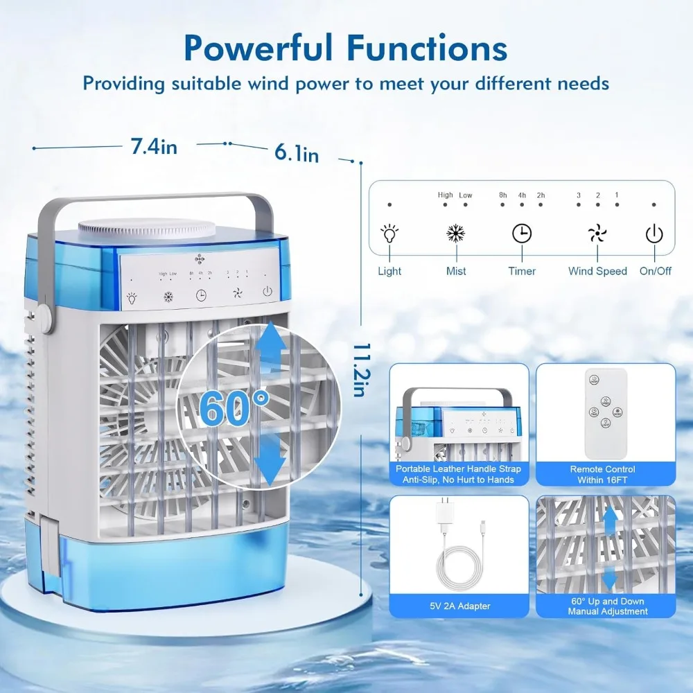 Portable Air Conditioners, 1000ml Portable AC Unit with Remote Control, Powerful 3 Speeds 7 Colors LED Evaporative Air Cooler