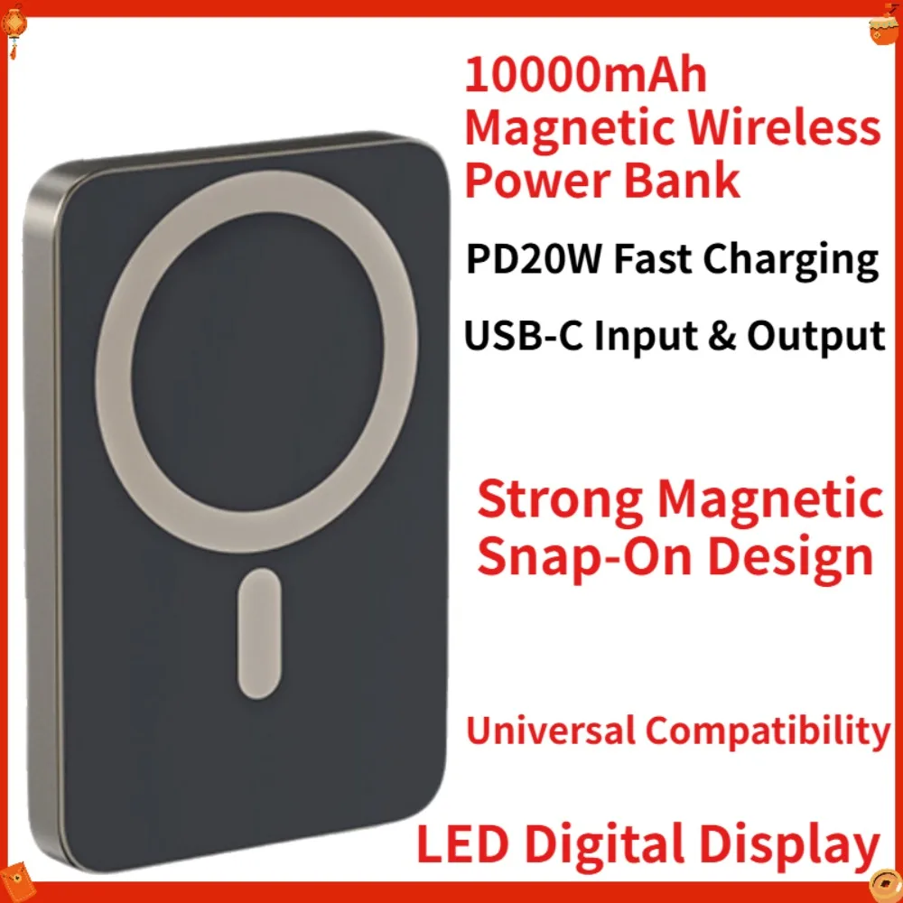 10000mAh Magnetic Wireless Power Bank, PD20W Fast Charging Battery, USB-C Portable Charger LED Display for Samsung Pixel Xiaomi
