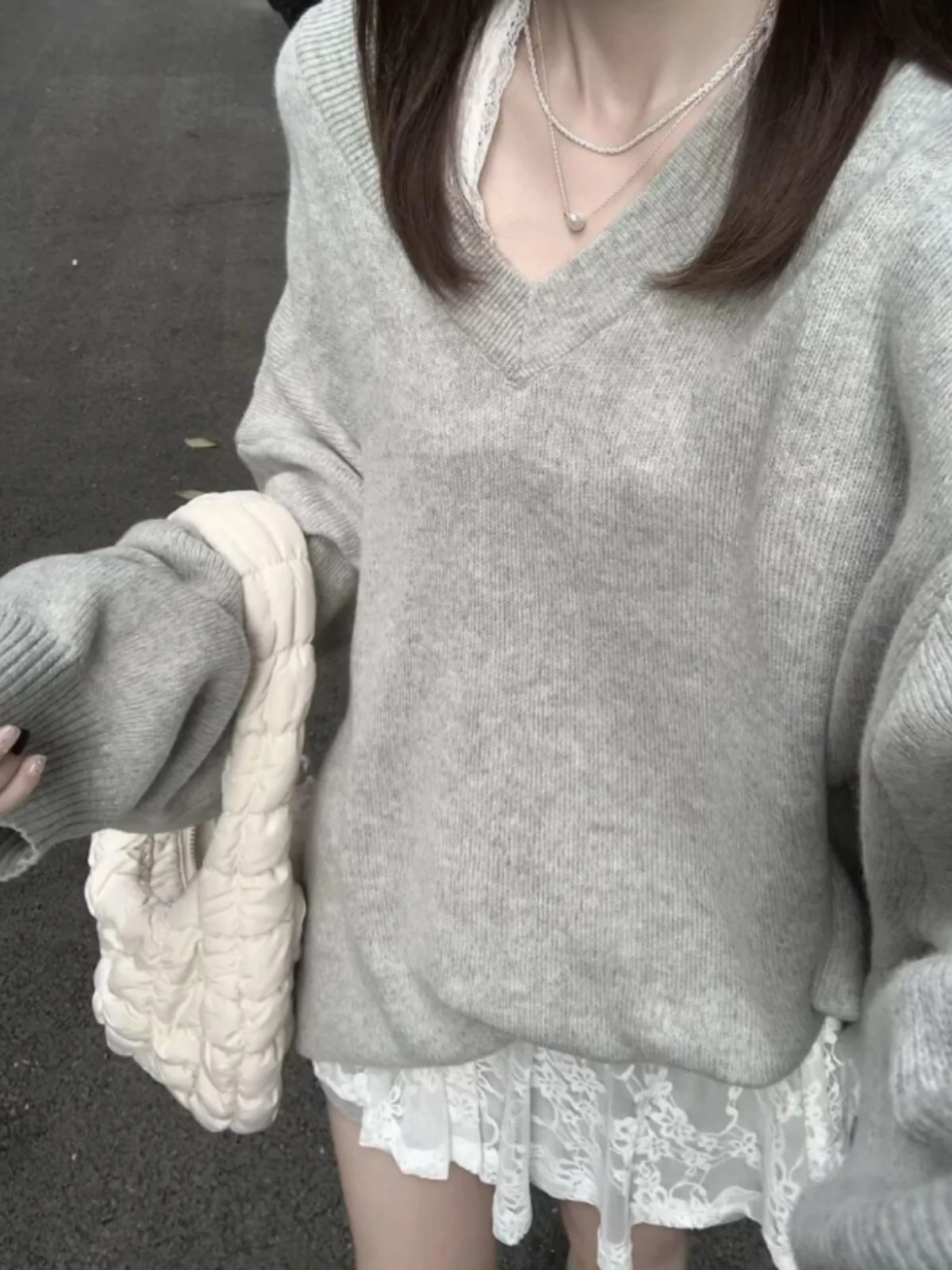 Retro ey V-Ne Knitted Sweater Women's Spring Autumn Loose Lazy Sle High-End Long Sve Top Inner Wear Comfortable Wool...