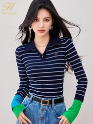 H Han Queen 2024 Autumn Winner Korean Striped Fashion Pullover Sweaters Women Vintage Casual Tops Women's Basic knitted Clothing