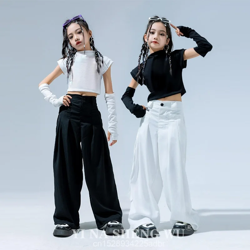 K-pop الفتيات ملابس الهيب هوب ملابس رقص الجاز الرقص المحاصيل القمم أبيض أسود السراويل الحديثة أداء الرقص دعوى مجموعة ارتداء