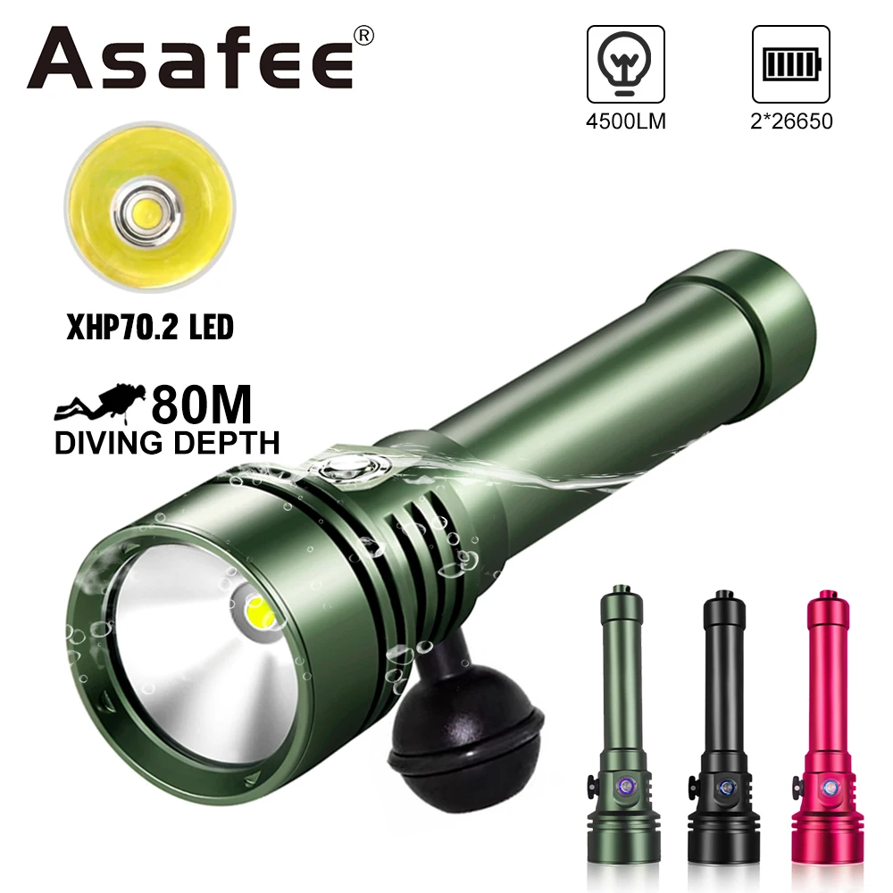 Asafee A30MAX Professional Diving Flashlight XHP70 4500lm Powerful Light IPX8 Waterproof Underwater 80m Torch Rechargeable Lamp