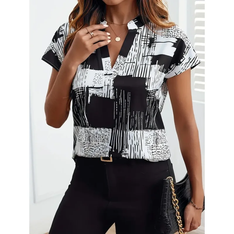 

Plus Size New Women's Chic Black & White Geometric Print Shirt Women Spring/Summer Non-Stretchy Fabric Blouse