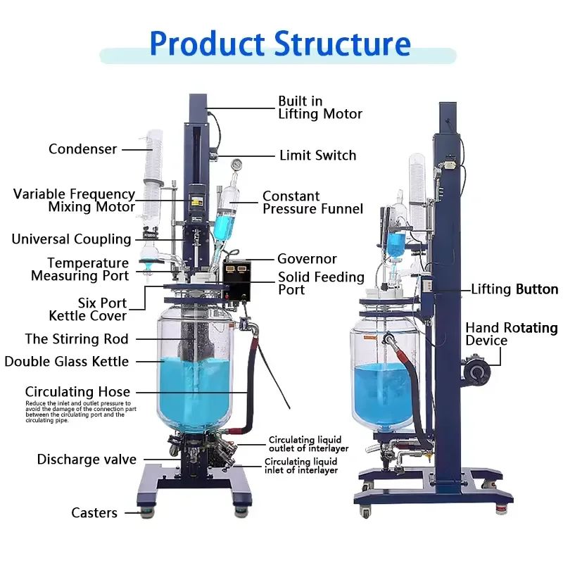 for  Three Layer Glass Reaction Kettle 10L 20L 30L 50L Lifting and Rotating Reactor