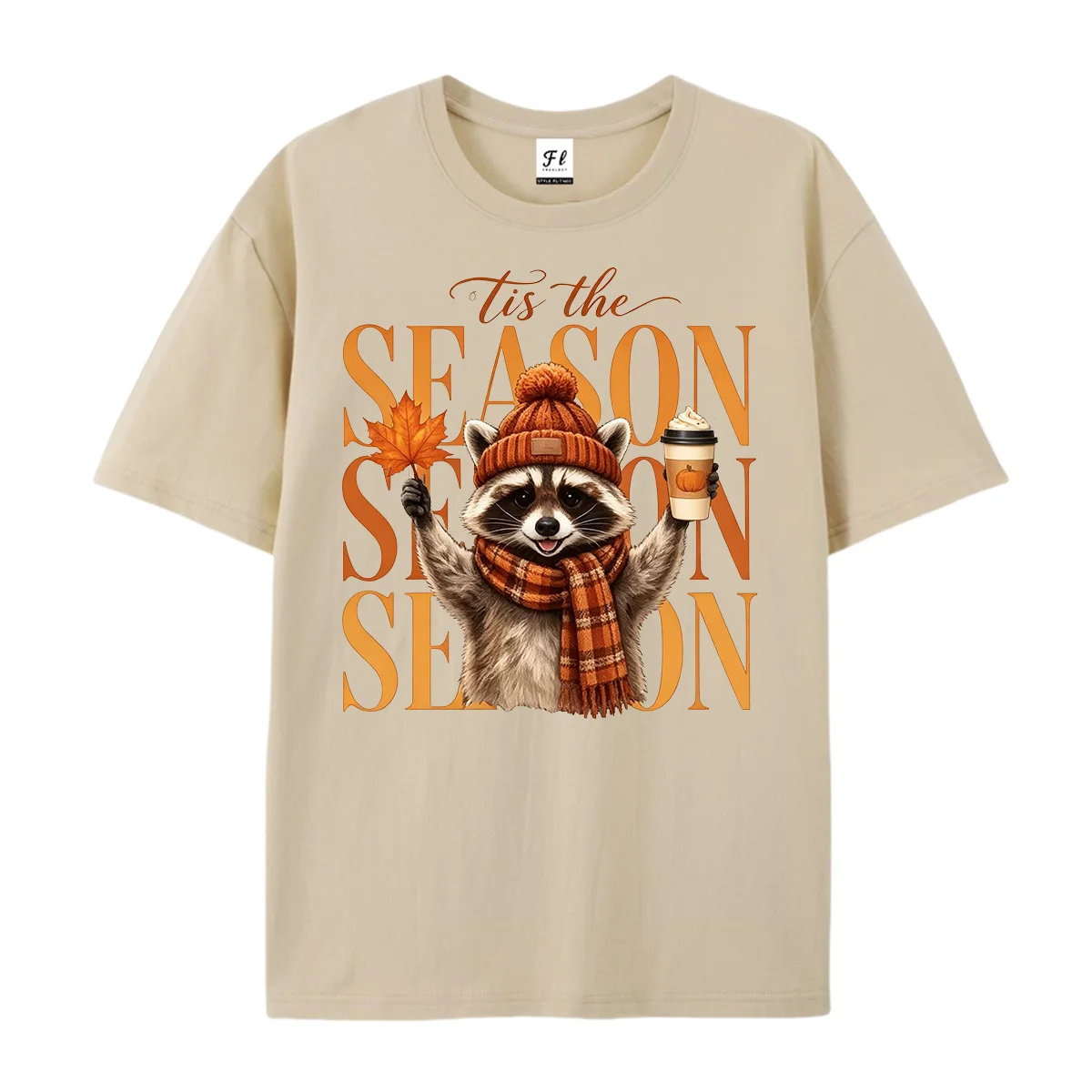 Tis The Season Cute Raccoon Fall Graphic T-Shirt Autumn Raccoon With Pumpkin Spice Coffee Maple Leaf Plaid Scarf Casual Tees