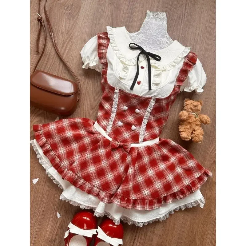 Sweet Elegant Lolita Style 2 Piece Sets Women Kawaii White Shirts Cute Love Button Bow Plaid Dresses Japanese Fashion Skirt Suit