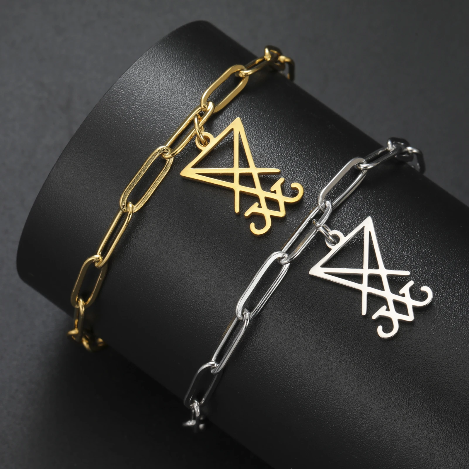 LIKGREAT Sigil Of Lucifer Bracelet for Women Men Satan Symbol Pendant Stainless Steel Gothic Satan Cross Religious Amulet Gift