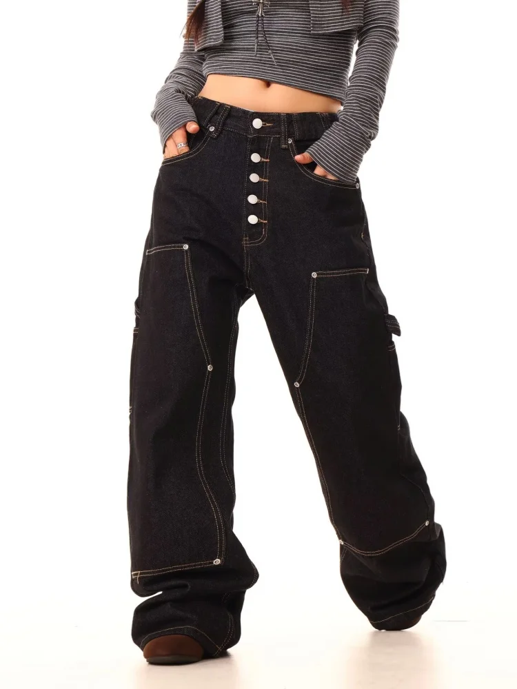 2025 pantalones vaqueros Cargo holgados negros estilo Retro americano Y2K para mujer, ropa para mujer, pantalones vaqueros rectos de algodón