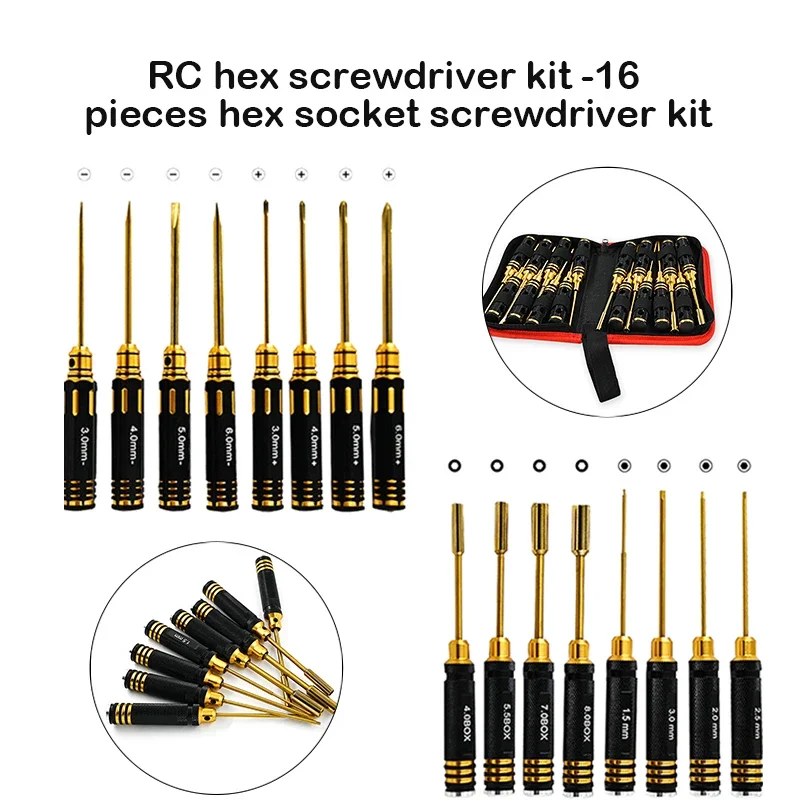 RC Hex Driver Set - 16pcs Hex Allen Screwdriver Kit Hex Nut Driver Set Wrench Key Driver Tool for Rc Car Trxs Helicopte