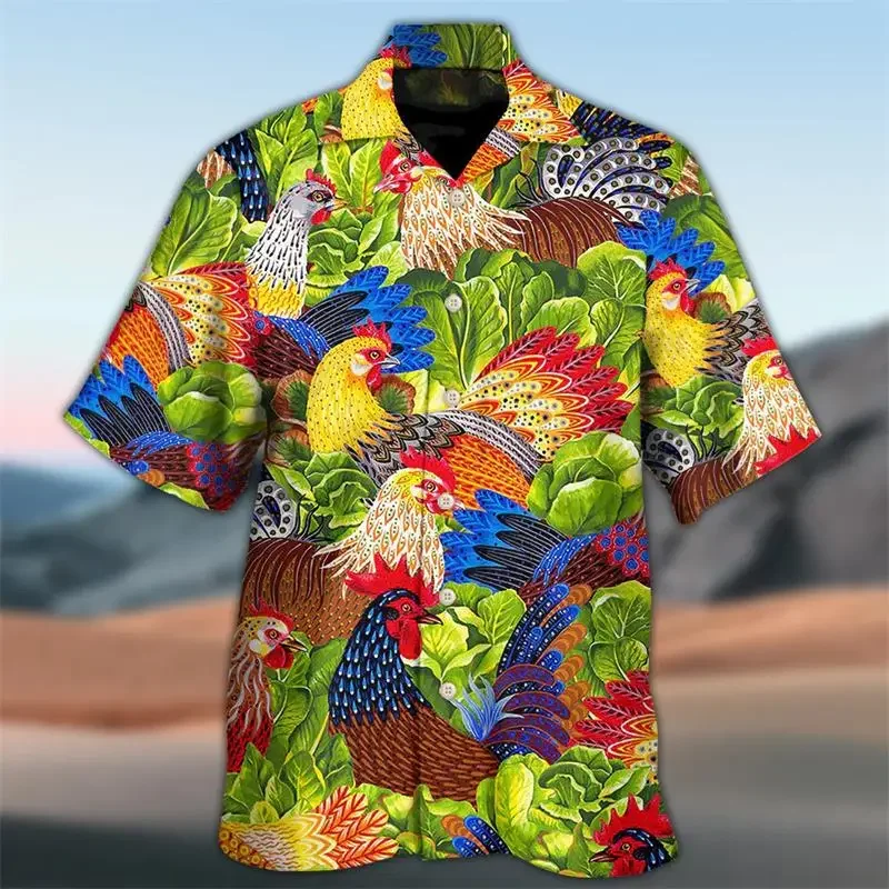 Newest Loose Breathable 3D Print Trendy Cool Fashion Chicken Shirts Beach Hawaiian Top Short Sleeves Summer Men's Men Tee