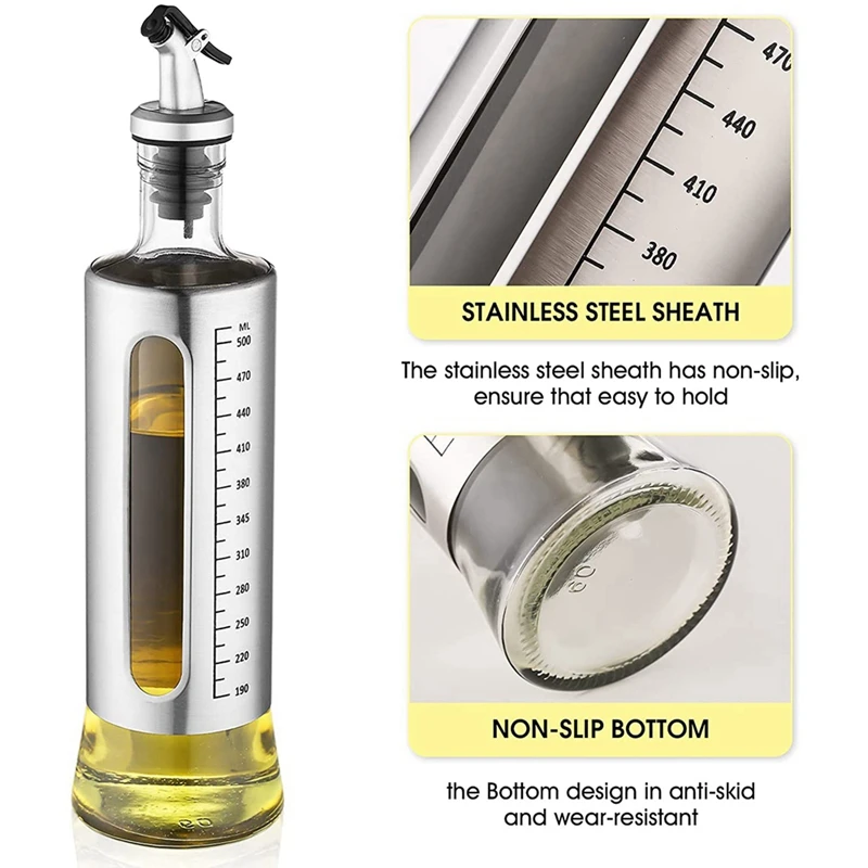 4 Pack Oil Bottle, 500Ml Olive Oil Vinegar Dispenser Bottle Set, Stainless Steel Glass Oil Dispenser With 1Pcs Funnel